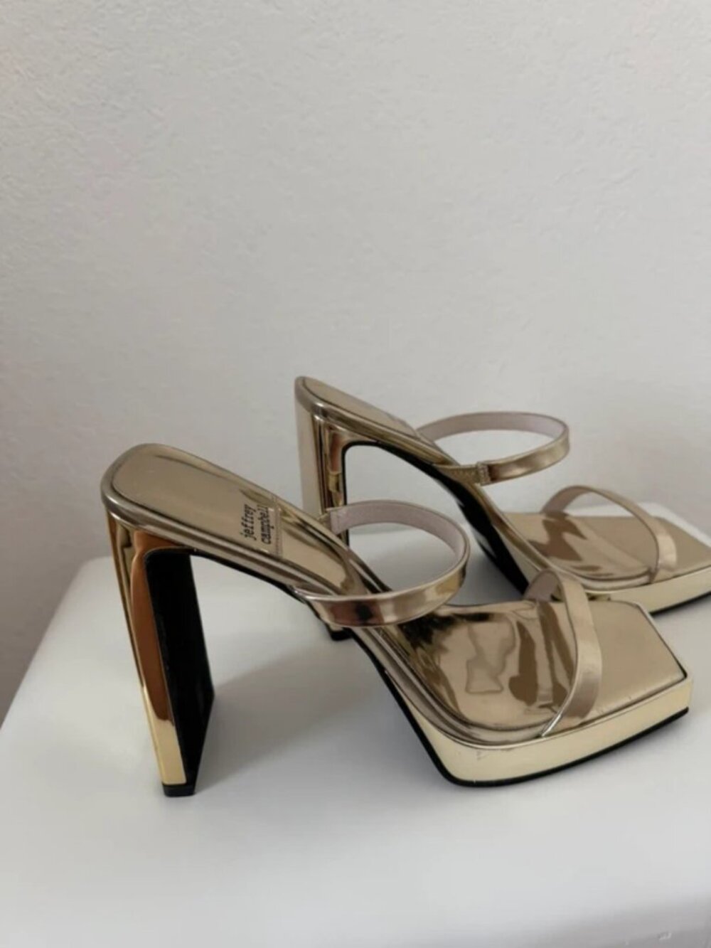 Jeffrey Campbell Metallic Gold Square-Toe High Heel Slides - Picture 3 of 4